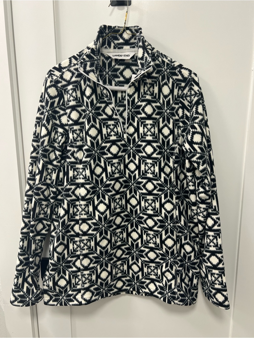 Lands' End Women's Black & White Patterned Fleece Quarter-Zip Jacket